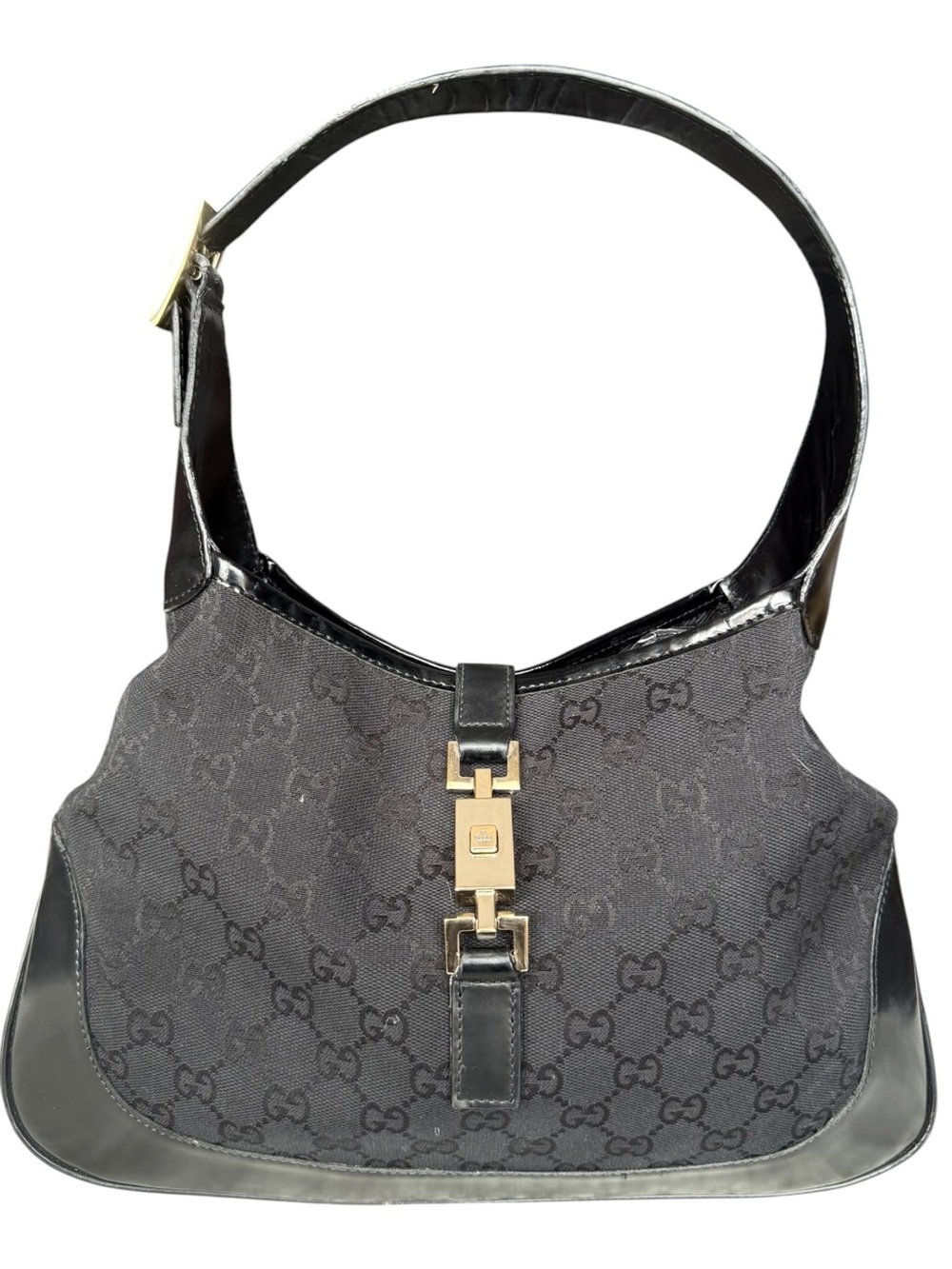 Gucci jackie Black GG Canvas Shoulder Bag with Gold Hardware